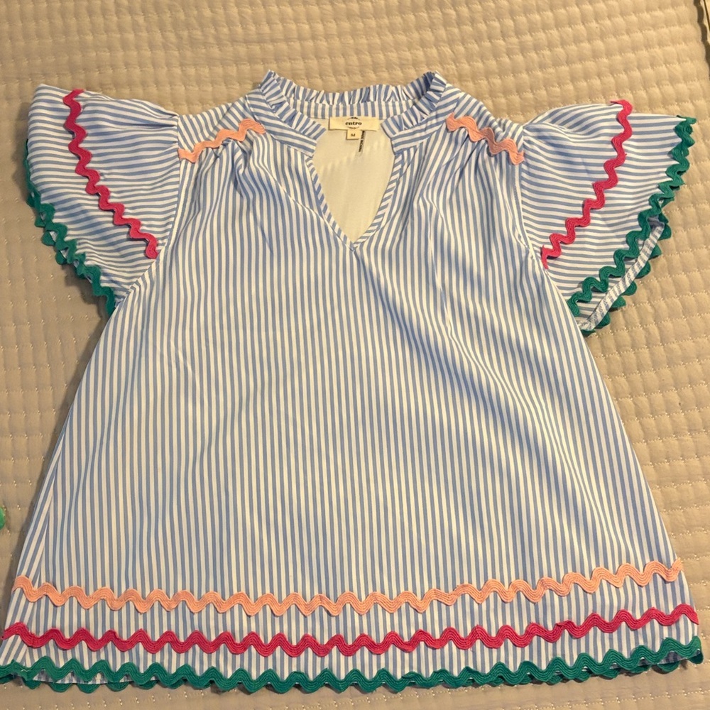Entro Blue Striped Kids Blouse with Colorful Accents